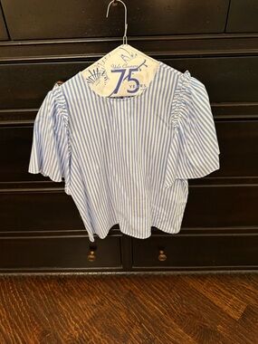 Pomander Place Blue & White Striped Puff Sleeve Top